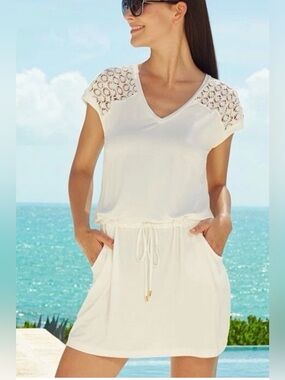 Calvin Klein,  White Open Knit Cover-Up with Drawstring